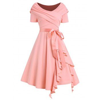 

Crossover Ruffle Dress Belted Plain Color Foldover A Line Mini Dress, Light pink