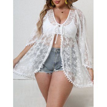 

Plus Size Cover-up Top Allover Flower Lace Tied Front Hollow Out Asymmetrical Hem Beach Cover-up Top, White