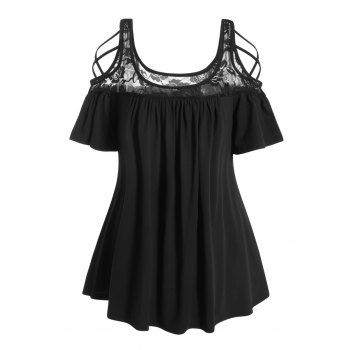 

Plus Size T Shirt See Thru Rose Lace Panel Cold Shoulder Short Sleeve Tee, Black