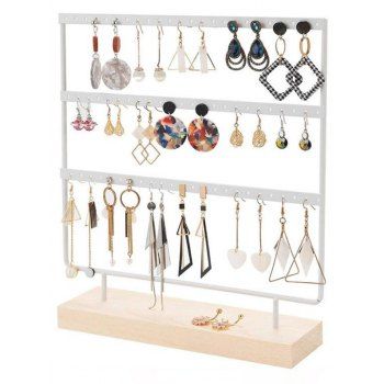 

Wooden Base Rack Detachable Jewelry Display Rack Hanging 69 holes 3 Tiered Earring Shelf, White