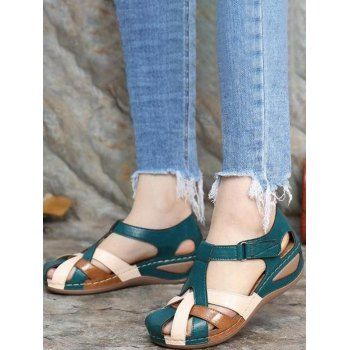 

Crossover Cut Out Buckle Strap Flat Platform Casual Sandals, Deep green