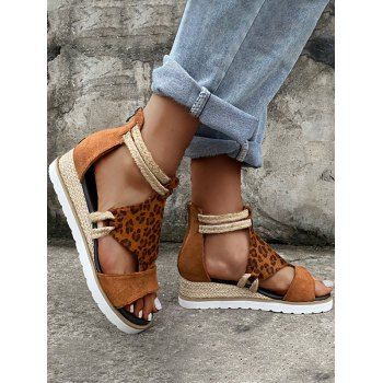 

Animal Print Zip Up Cut Out Open Toe Wedge Sandals, Light brown