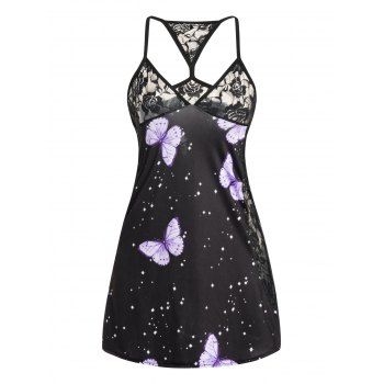 

Butterfly Print See Thru Flower Lace Mini Lingerie Dress, Black