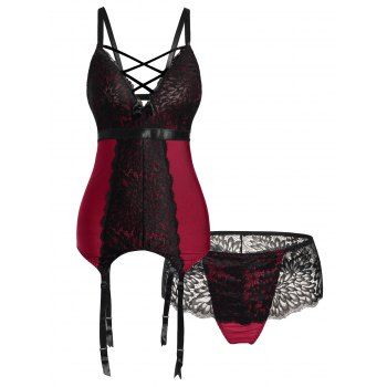 

Plus Size Flower Lace Lingerie Set Crisscross Adjustable Straps Lingerie Two Piece Set, Deep red