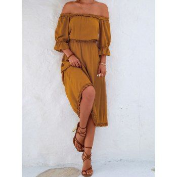 

Off The Shoulder Dress Ruffles Solid Color High Waist Midi Dress, Coffee