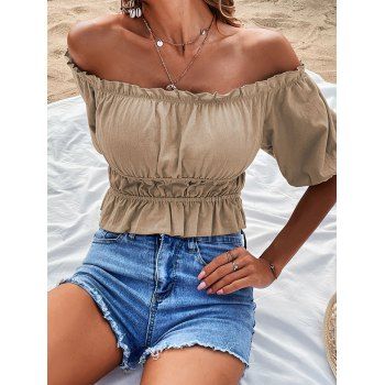 

Off The Shoulder Top Solid Color Ruffles Flounce Short Sleeve Top, Light coffee