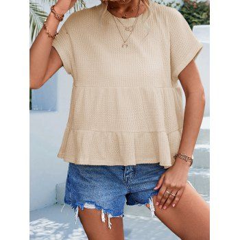 

Textured Knit T Shirt Plain Color Mock Button Tiered Casual Knitted ee, Light coffee
