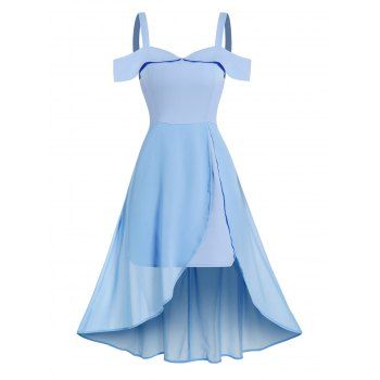 

Cold Shoulder Midi Dress See Thru Chiffon Overlay High Waist Dress, Light blue