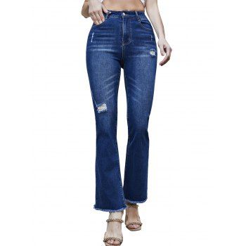 

Ripped Frayed Hem Flare Jeans Zip Fly Destroy Wash Long Flare Denim Pants, Blue