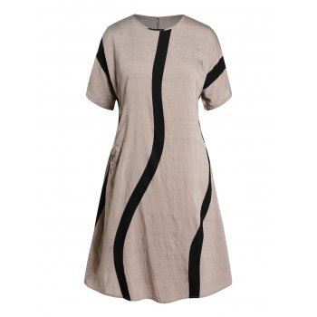 

Plus Size Dress Two Tone Color Side Pockets Round Neck Short Sleeve A Line Midi Dress, Light coffee
