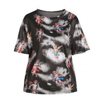 

Plus Size T Shirt Cloud Angel Print Round Neck Short Sleeve Casual Tee, Black