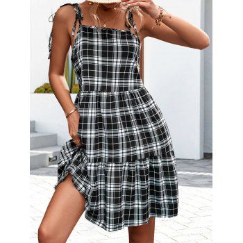 

Plaid Print Sundress Tie Knot Shoulder Strap High Waist Flounce Mini Dress, Black