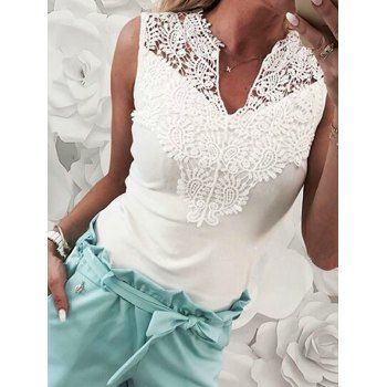 

See Thru Paisley Lace Guipure Panel Tank Top Notched Casual Tank Top, White