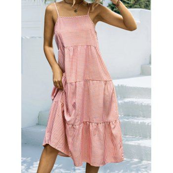 

Plaid Print Sundress Vacation Dress Spaghetti Strap A Line Tiered Midi Dress, Light pink