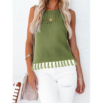 

Plain Color Knitted Tank Top Hollow Out Tassel Casual Knit Tank Top, Light green