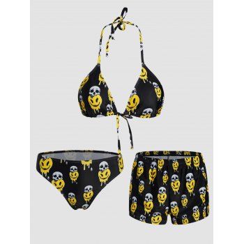 

Colored Skull Print Bikini Swimsuit Halter Swimwear Tied Backless High Cut Padded Three Piece Bathing Suit, Multicolor a