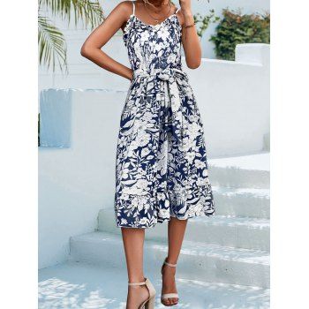 

Allover Flower Sundress Ruffle Shirred Belted Spaghetti Strap Flounce A Line Midi Dress, Deep blue