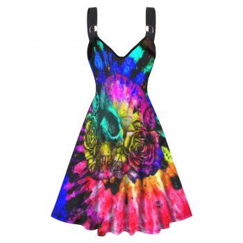 

Colorful Skull Flower Tie Dye Print Cami Dress Sleeveless V Neck O Ring A Line Dress, Multicolor a