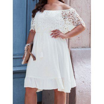 

Plus Size Off The Shoulder Dress Plain Color Lace Foldover Fringed High Waisted Flounce A Line Mini Dress, White