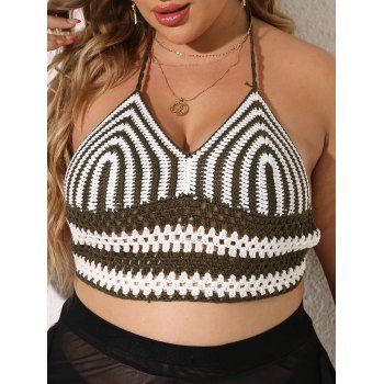

Plus Size Cover-up Cropped Top Contrast Colorblock Halter Hollow Out Backless Beach Crochet Cover-up Top, Multicolor a