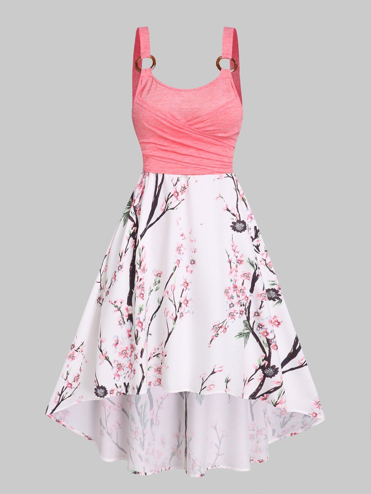 Peach Flower Blossom Print A Line Sundress High Low Crossover O Ring Dress - LIGHT PINK XL