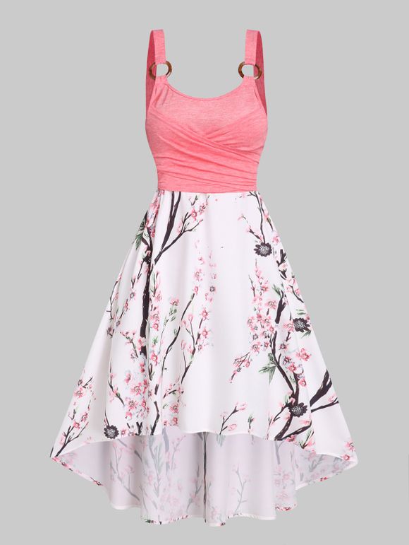 Peach Flower Blossom Print A Line Sundress High Low Crossover O Ring Dress - LIGHT PINK XXXL