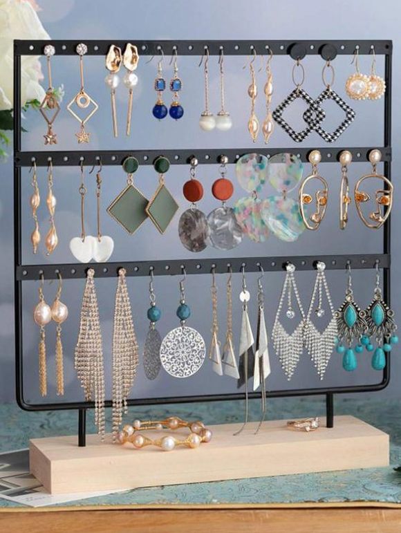 Support de Base en Bois de Bijoux Détachable Suspendu 69 Trous à 3 Niveaux - Noir 