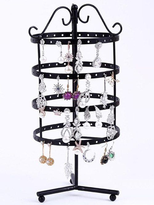 Rotating Earring Holder Display Stand Wrought iron Jewelry Organizer Rack - BLACK 