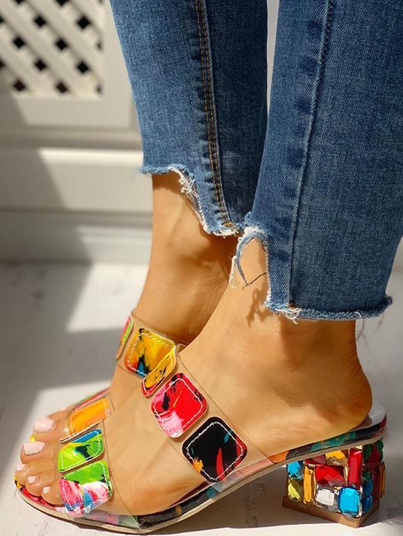 Colorful Applique Rhinestone Chunky Heel Sandals - multicolor A EU 36