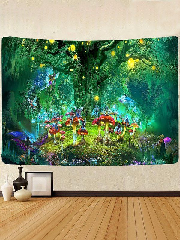 Dreamy Angel Mushroom Tree Print Wall Tapestry Hanging Home Decoration - multicolor 100 CM X 75 CM