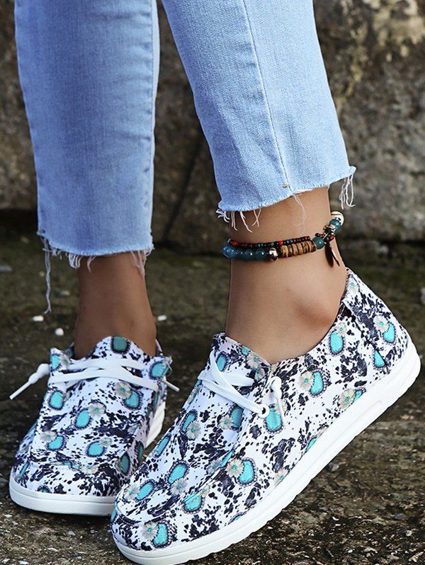 Flower Print Lace Up Slip On Flat Shoes - BLUE EU 42