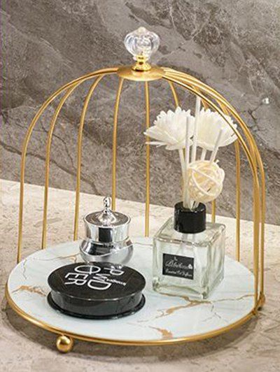 Desktop Cosmetic Storage Rack Bird Cage Wrought Iron Makeup Stand Bathroom Skin Care Organizer Container Toiletries Shelf - WHITE 