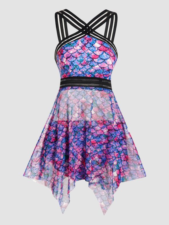 Ensemble de Bikini de Bain Tankini Asymétrique Rembourré Modeste Gainant Rayé Coloré à Imprimé Sirène en Maille - multicolor A M