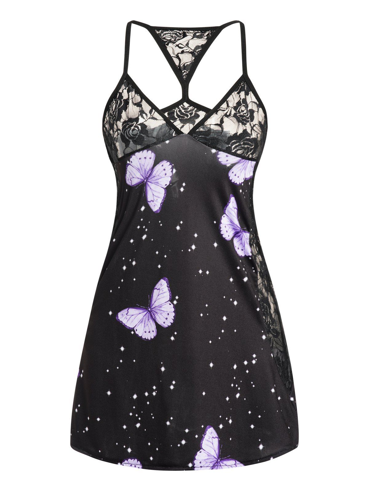 Butterfly Print See Thru Flower Lace Mini Lingerie Dress - BLACK L