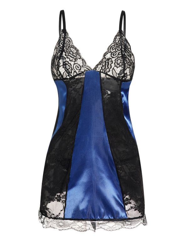 Ensemble de Lingerie Panneau en Dentelle Transparente à Bretelle Ajustable en Satin - Bleu S