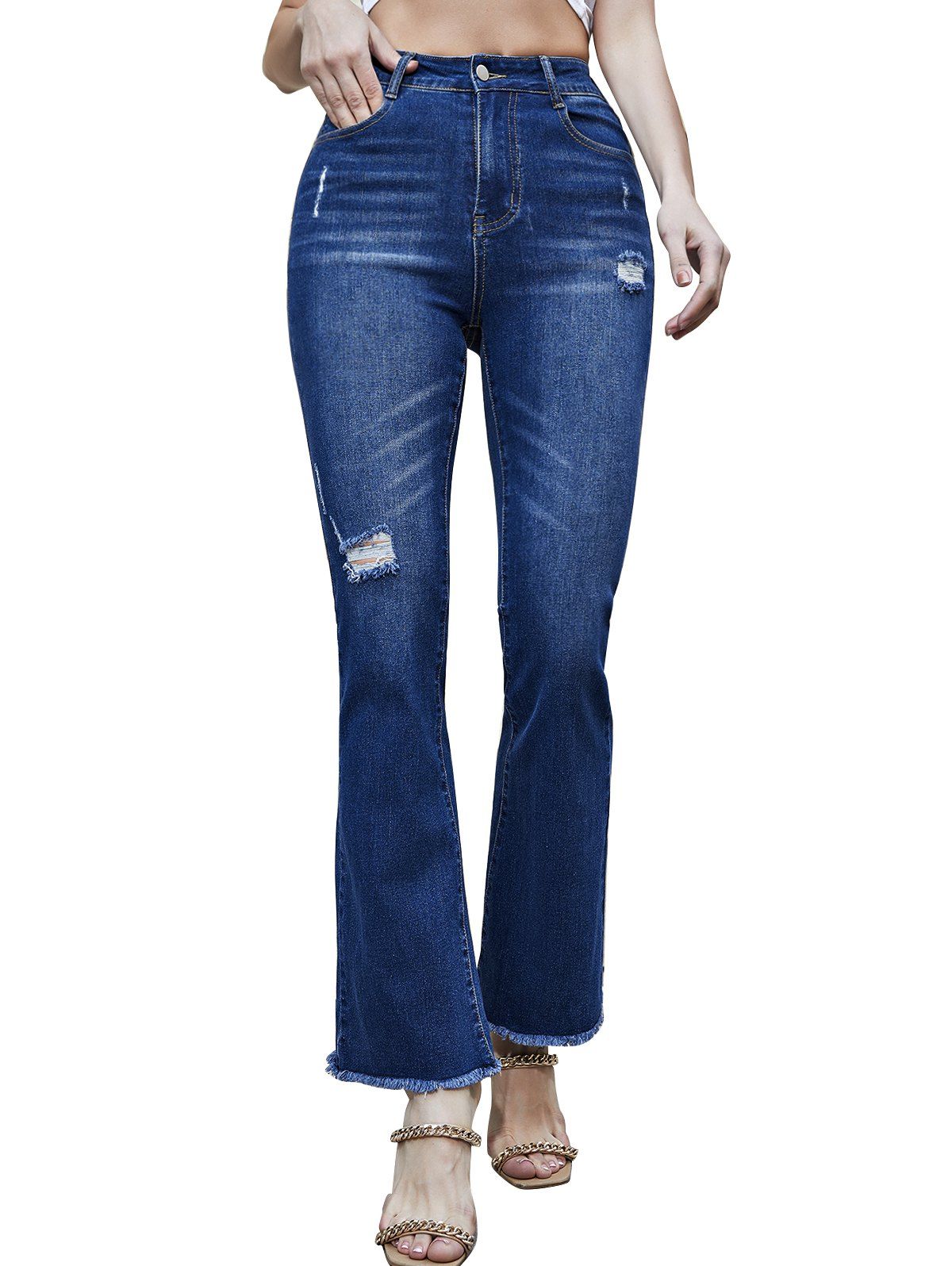 Ripped Frayed Hem Flare Jeans Zip Fly Destroy Wash Long Flare Denim Pants - BLUE XL