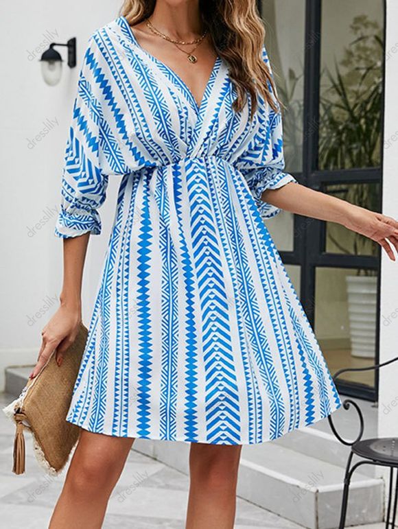 Vacation Dress Geometric Pattern Tied Back Surplice Plunge High Waisted A Line Mini Dress - LIGHT BLUE XL