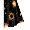 Celestial Sun Moon Star Print Dress O Ring V Neck Sleeveless Cami Dress - BLACK L