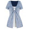 Space Dye Faux Twinset T Shirt O Ring Overlay Short Sleeve Colorblock Twofer Tee - LIGHT BLUE XXL