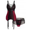 Ensemble de Lingerie Croisée Fleur en Dentelle à Bretelle Ajustable Deux Pièces de Grande Taille - Rouge foncé 2XL