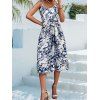 Allover Flower Sundress Ruffle Shirred Belted Spaghetti Strap Flounce A Line Midi Dress - DEEP BLUE XL