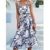 Allover Flower Sundress Ruffle Shirred Belted Spaghetti Strap Flounce A Line Midi Dress - DEEP BLUE XL