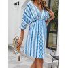 Vacation Dress Geometric Pattern Tied Back Surplice Plunge High Waisted A Line Mini Dress - LIGHT BLUE XL