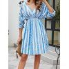 Vacation Dress Geometric Pattern Tied Back Surplice Plunge High Waisted A Line Mini Dress - LIGHT BLUE XL