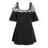 Plus Size T Shirt See Thru Rose Lace Panel Cold Shoulder Short Sleeve Tee - BLACK 5X