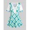 T-shirt Evasé à Carreaux de Grande Taille à Lacets - Vert 1X