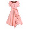 Crossover Ruffle Dress Belted Plain Color Foldover A Line Mini Dress - LIGHT PINK XXL