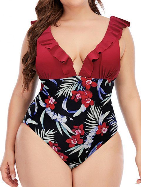 Plus Size Tropical Flower Leaf Print One-piece Swimsuit Ruffles Padded Plunging Neck Modest Swimsuit