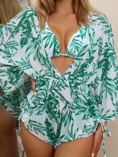 Tropical Leaf Print Vacation Halter Triangle Bikini Swimsuit With Low Cut Cinched Mesh One-piece Cover-up