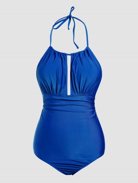 Plus Size Solid Color Halter One-piece Swimsuit Backless Cut Out Beach Swimwear